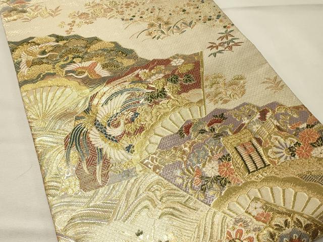 平和屋着物◎佐賀錦　両面　六通柄袋帯　扇面御所車花鳥文　金糸　正絹　逸品　DABG4447qp