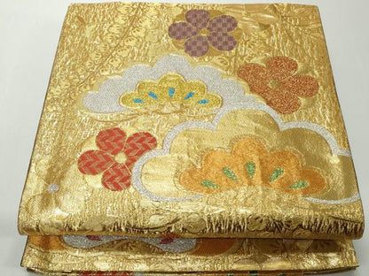 平和屋着物◎六通柄袋帯　ふくれ織　花松文　金銀糸　正絹　逸品　DABG4598qa
