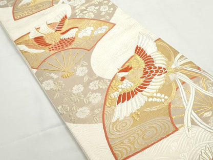 平和屋着物◎六通柄袋帯　唐織　扇面鳳凰花文　綴錦　金銀糸　正絹　逸品　DABG4622qa