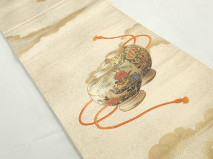 平和屋着物◎太鼓柄袋帯　刺繍　花鳥陶器文　金糸　正絹　逸品　DABG4628qa