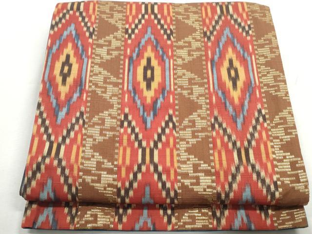 平和屋着物◎全通柄袋帯　紬地　幾何学間道　金糸　正絹　逸品　DABG4636qa