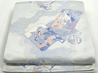 平和屋着物◎太鼓柄袋帯　唐織　名冊拾遺図　銀糸　正絹　逸品　DABG4649qa