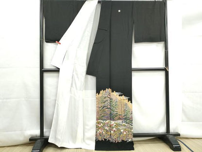 平和屋着物■豪華黒留袖　友禅　風景樹林文　正絹　逸品　DABG4708qa