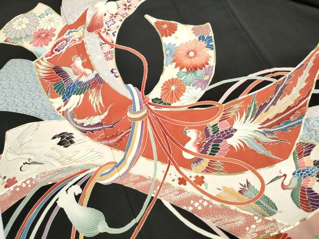 平和屋着物■豪華黒留袖　駒刺繍　束ね熨斗花鳥文　金彩　正絹　逸品　DABG4727qa