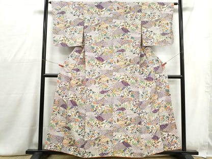 平和屋着物■上質な小紋　型染め　風景花文　松竹梅　鬼しぼ縮緬　正絹　逸品　DABG4734qa
