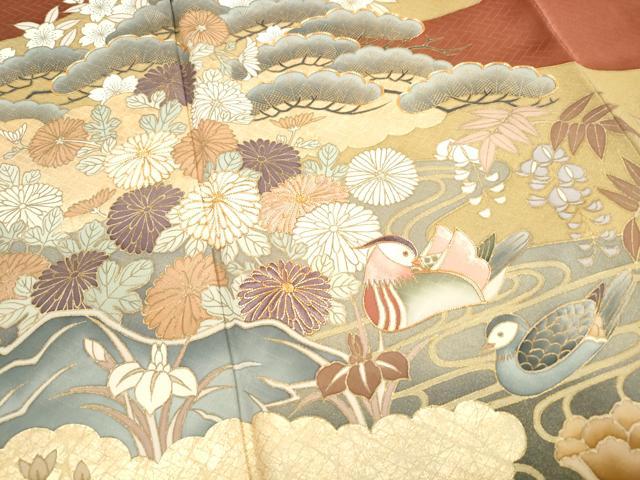 平和屋着物■豪華色留袖　駒刺繍　鴛鴦花松文　金彩　正絹　逸品　DABG4744qa