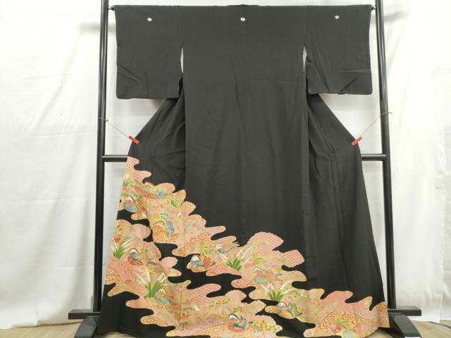 平和屋着物■豪華黒留袖　駒刺繍　流水鴛鴦花文　金彩　正絹　逸品　DABG4815qa