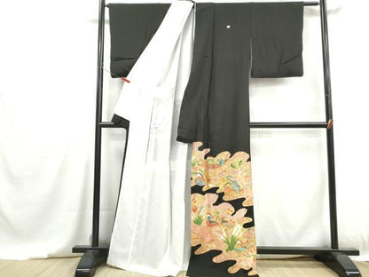 平和屋着物■豪華黒留袖　駒刺繍　流水鴛鴦花文　金彩　正絹　逸品　DABG4815qa