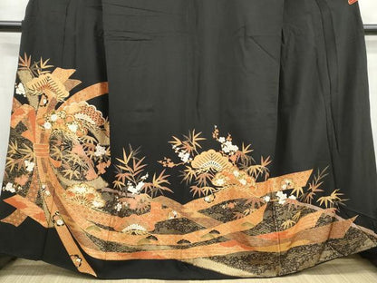 平和屋着物■豪華黒留袖　駒刺繍　束ね熨斗花文　松竹梅　金彩　正絹　逸品　DABG4817qa