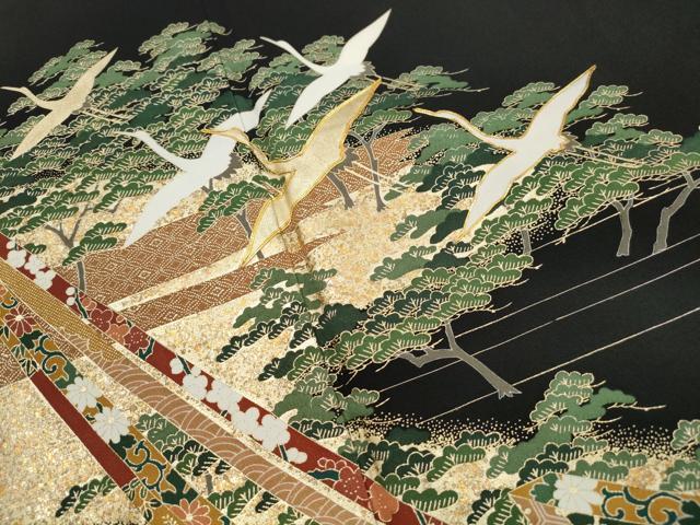 平和屋着物■豪華黒留袖　作家物　駒刺繍　飛鶴立波松文　金彩　正絹　逸品　DABG4827qa