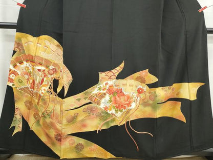 平和屋着物■豪華黒留袖　駒刺繍　檜扇御所車花文　金彩　正絹　逸品　DABG4828qa