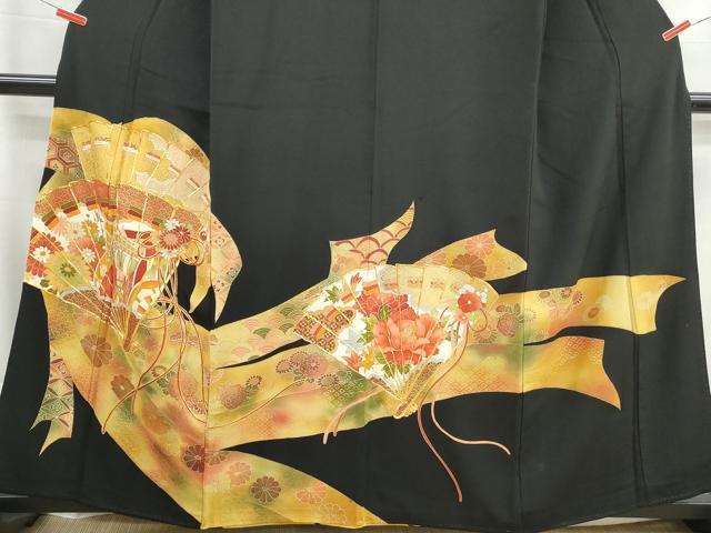 平和屋着物■豪華黒留袖　駒刺繍　檜扇御所車花文　金彩　正絹　逸品　DABG4828qa