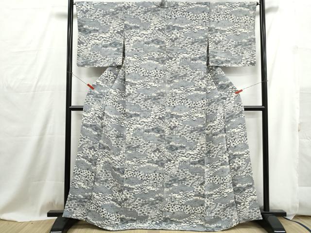 平和屋着物■上質な小紋　風景花文　松竹梅　鬼しぼ縮緬　正絹　逸品　DABG4868qa