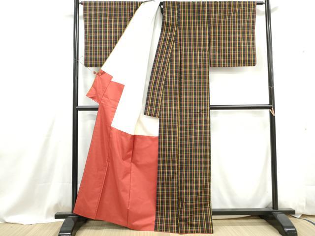 平和屋着物■上質な紬　格子文　正絹　逸品　DABG4896qa