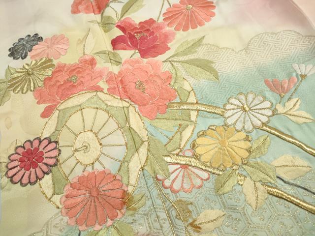 平和屋着物■小振袖　二尺袖　総刺繍　駒刺繍　花車文　暈し染め　金糸　正絹　逸品　DABG4907qa