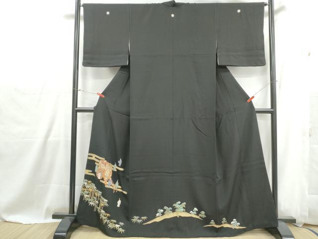 平和屋着物■豪華黒留袖　駒刺繍　人物御所車笹松文　金彩　正絹　逸品　DABG4921qa