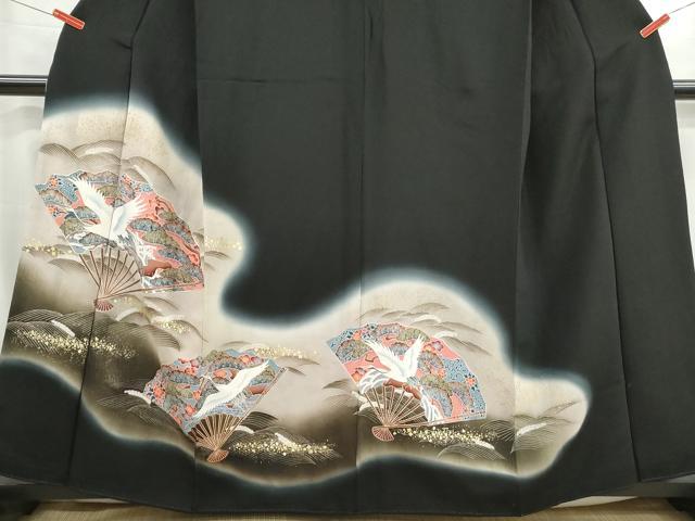 平和屋着物■豪華黒留袖　駒刺繍　扇面飛鶴浜松文　暈し染め　金彩　正絹　逸品　DABG4922qa