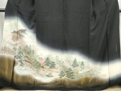 平和屋着物■豪華黒留袖　寿光織　京洛名所園　暈し染め　金糸　正絹　逸品　DABG4924qa
