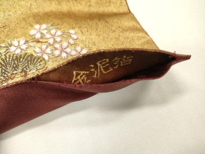 平和屋本店●太鼓柄袋帯　唐織　花鳥松文　金泥箔　正絹　逸品　DABG5047fe