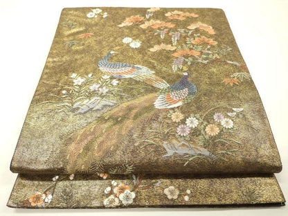 平和屋本店●太鼓柄袋帯　唐織　孔雀絵文　本金箔　金泥箔　正絹　逸品　DABG5059fe