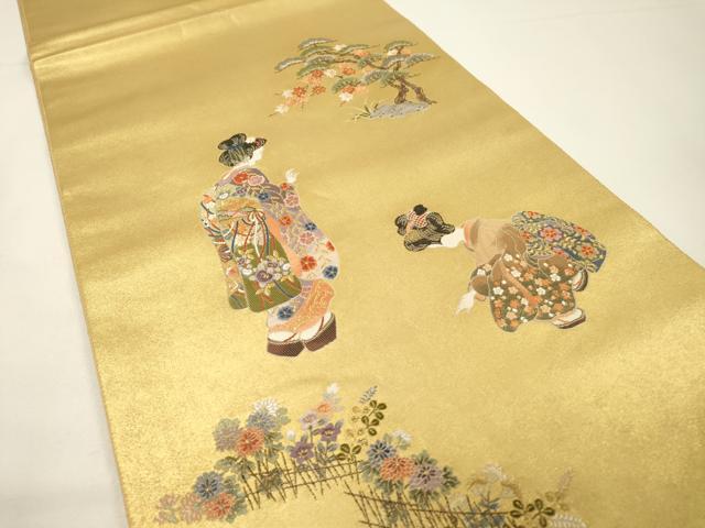 平和屋本店●太鼓柄袋帯　唐織　人物花松文　本金箔　金泥箔　正絹　逸品　未使用　DABG5065fe