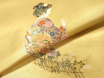 平和屋本店●太鼓柄袋帯　唐織　人物花松文　本金箔　金泥箔　正絹　逸品　未使用　DABG5065fe