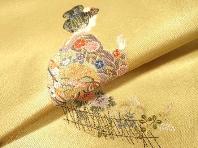 平和屋本店●太鼓柄袋帯　唐織　人物花松文　本金箔　金泥箔　正絹　逸品　未使用　DABG5065fe