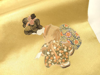 平和屋本店●太鼓柄袋帯　唐織　人物花松文　本金箔　金泥箔　正絹　逸品　未使用　DABG5065fe