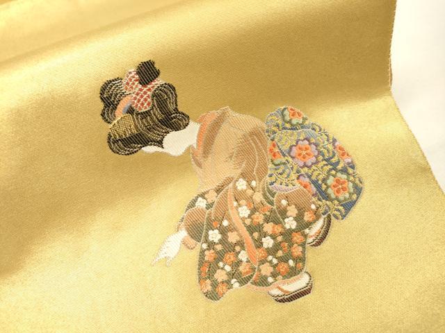 平和屋本店●太鼓柄袋帯　唐織　人物花松文　本金箔　金泥箔　正絹　逸品　未使用　DABG5065fe