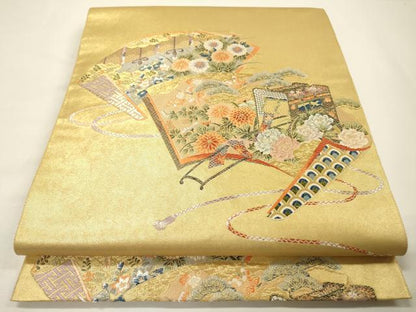 平和屋本店●太鼓柄袋帯　唐織　名品シリーズ　扇彩万葉絵文　本金箔　金泥箔　正絹　逸品　DABG5069fe