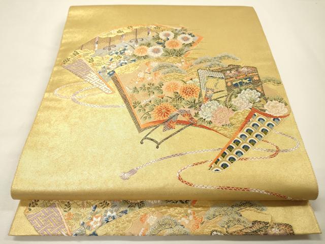 平和屋本店●太鼓柄袋帯　唐織　名品シリーズ　扇彩万葉絵文　本金箔　金泥箔　正絹　逸品　DABG5069fe