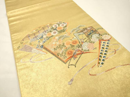 平和屋本店●太鼓柄袋帯　唐織　名品シリーズ　扇彩万葉絵文　本金箔　金泥箔　正絹　逸品　DABG5069fe