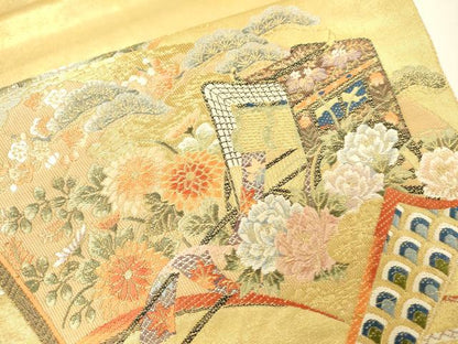 平和屋本店●太鼓柄袋帯　唐織　名品シリーズ　扇彩万葉絵文　本金箔　金泥箔　正絹　逸品　DABG5069fe