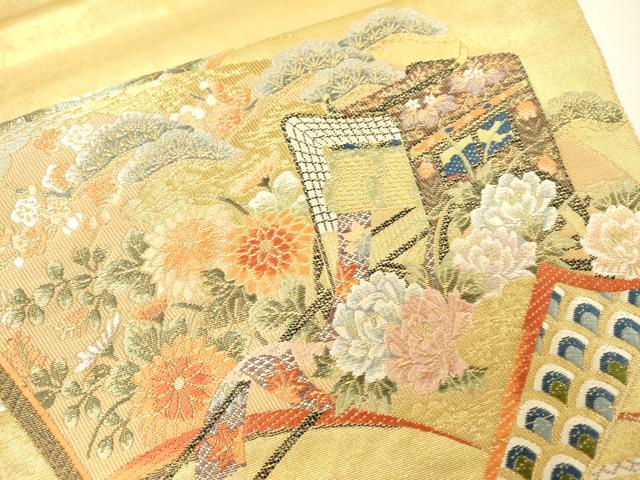 平和屋本店●太鼓柄袋帯　唐織　名品シリーズ　扇彩万葉絵文　本金箔　金泥箔　正絹　逸品　DABG5069fe