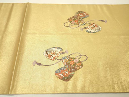 平和屋本店●太鼓柄袋帯　唐織　名品シリーズ　扇彩万葉絵文　本金箔　金泥箔　正絹　逸品　DABG5069fe