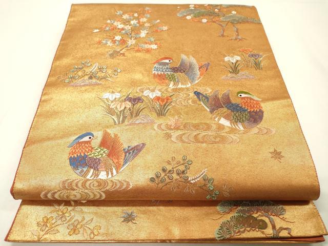 平和屋本店●太鼓柄袋帯　唐織　鴛鴦秋草絵巻　本金箔　金泥箔　正絹　逸品　DABG5070fe