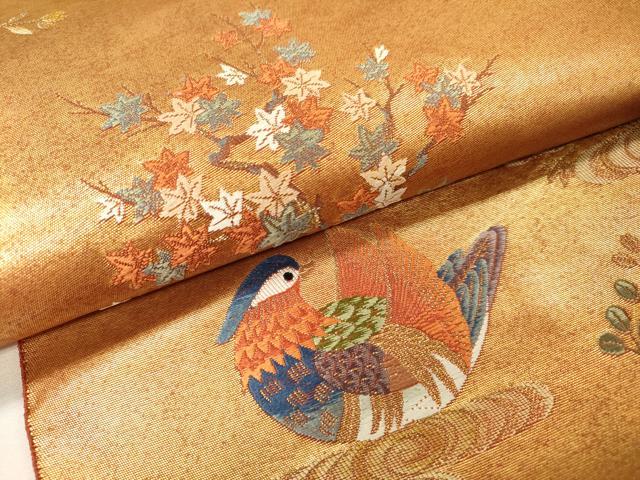 平和屋本店●太鼓柄袋帯　唐織　鴛鴦秋草絵巻　本金箔　金泥箔　正絹　逸品　DABG5070fe