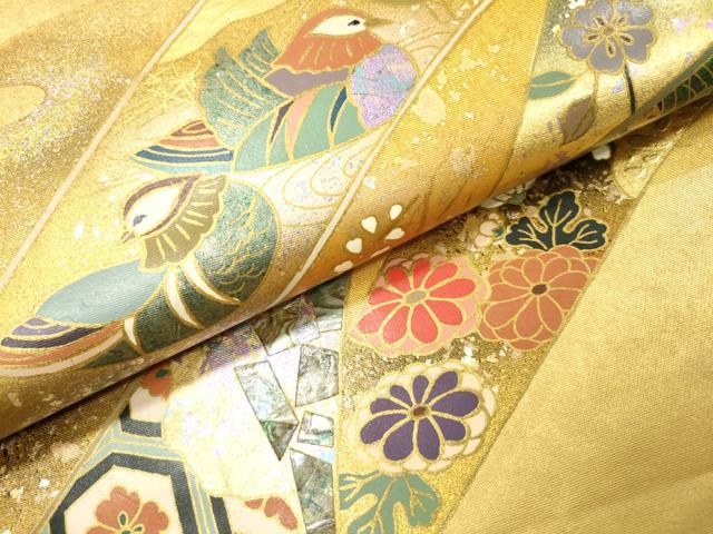 平和屋本店●工芸作家集団　葛実　袋帯　螺鈿　鴛鴦孔雀花文　本金箔　金泥箔　正絹　逸品　DABG5146fe