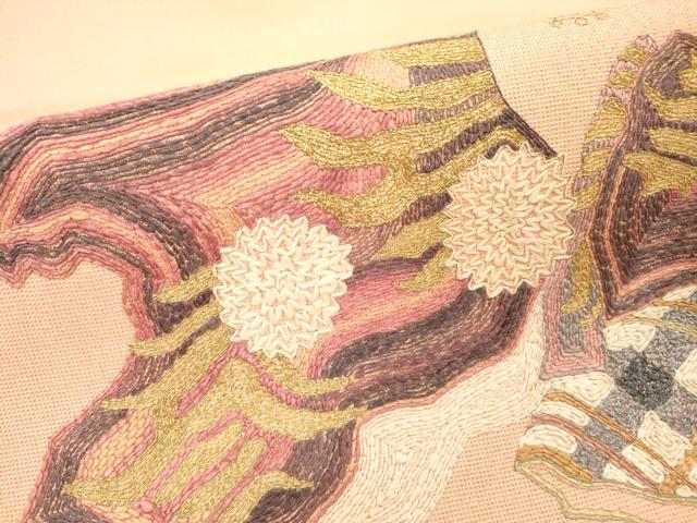 平和屋着物▼太鼓柄袋帯　作家物　総刺繍　幾何学　正絹　逸品　DABG5274fe