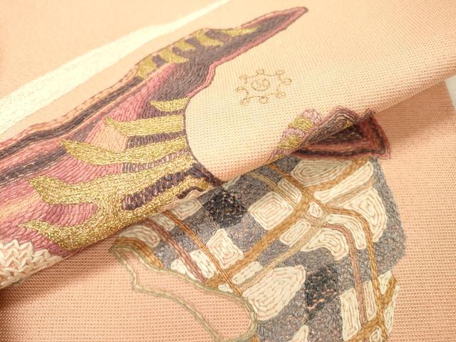 平和屋着物▼太鼓柄袋帯　作家物　総刺繍　幾何学　正絹　逸品　DABG5274fe