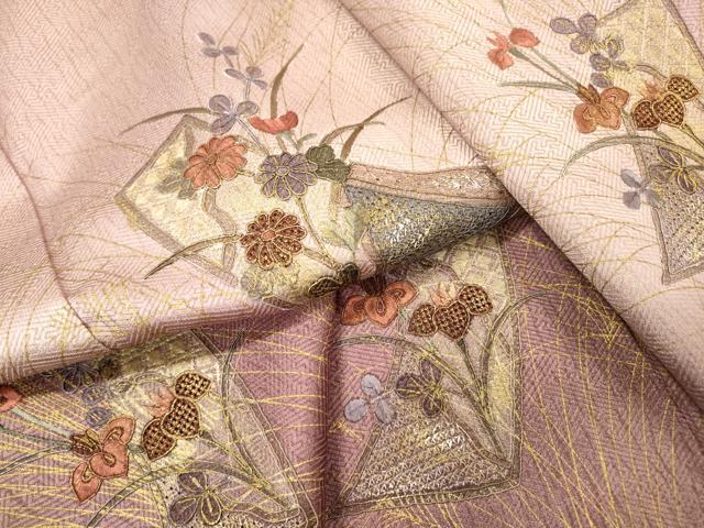 平和屋着物▼中国三大刺繍　スワトウ刺繍　汕頭刺繍　総刺繍　訪問着　短冊花文　暈し染　金彩　正絹　逸品　DABG5317fe