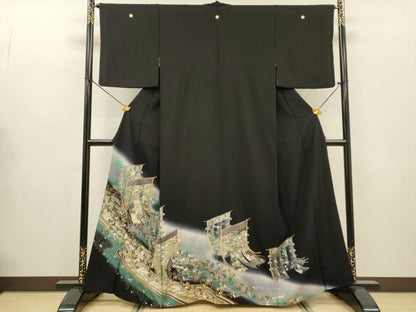 平和屋着物▼豪華黒留袖　螺鈿　誰が袖花文　暈し染　金銀彩　正絹　逸品　DABG5323fe