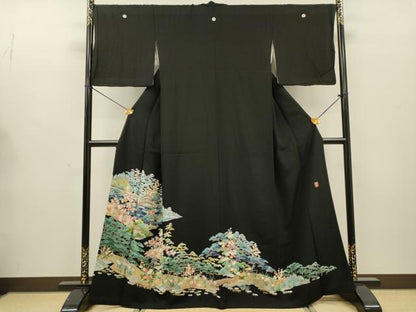 平和屋着物▼豪華黒留袖　作家物　刺繍　風景花松文　金糸　正絹　逸品　DABG5331fe