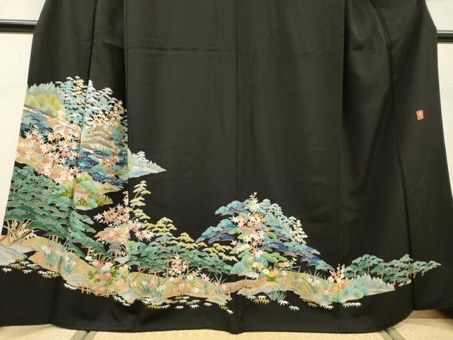 平和屋着物▼豪華黒留袖　作家物　刺繍　風景花松文　金糸　正絹　逸品　DABG5331fe