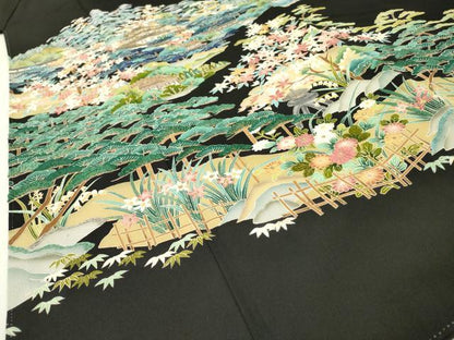 平和屋着物▼豪華黒留袖　作家物　刺繍　風景花松文　金糸　正絹　逸品　DABG5331fe