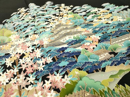 平和屋着物▼豪華黒留袖　作家物　刺繍　風景花松文　金糸　正絹　逸品　DABG5331fe