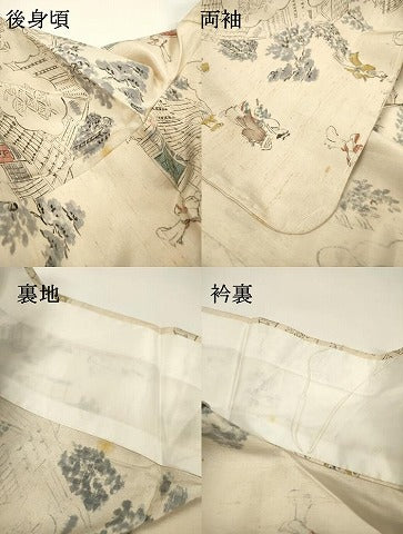 平和屋着物▽上質な紬　単衣　人物風景　正絹　逸品　DABG5493fe