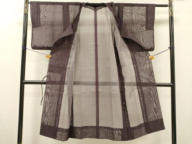 平和屋着物▽道行コート　スリーシーズン　春夏秋　塵除け　二重紗　縞　葡萄色　ロング丈　正絹　逸品　DABG5500fe