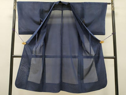 平和屋着物▽道中着　スリーシーズン　春夏秋　塵除け　縞　紺色　ロング丈　正絹　逸品　DABG5503fe