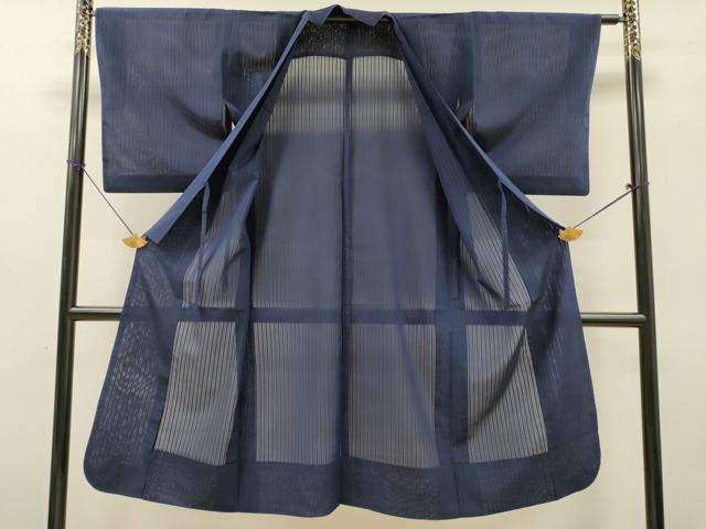 平和屋着物▽道中着　スリーシーズン　春夏秋　塵除け　縞　紺色　ロング丈　正絹　逸品　DABG5503fe